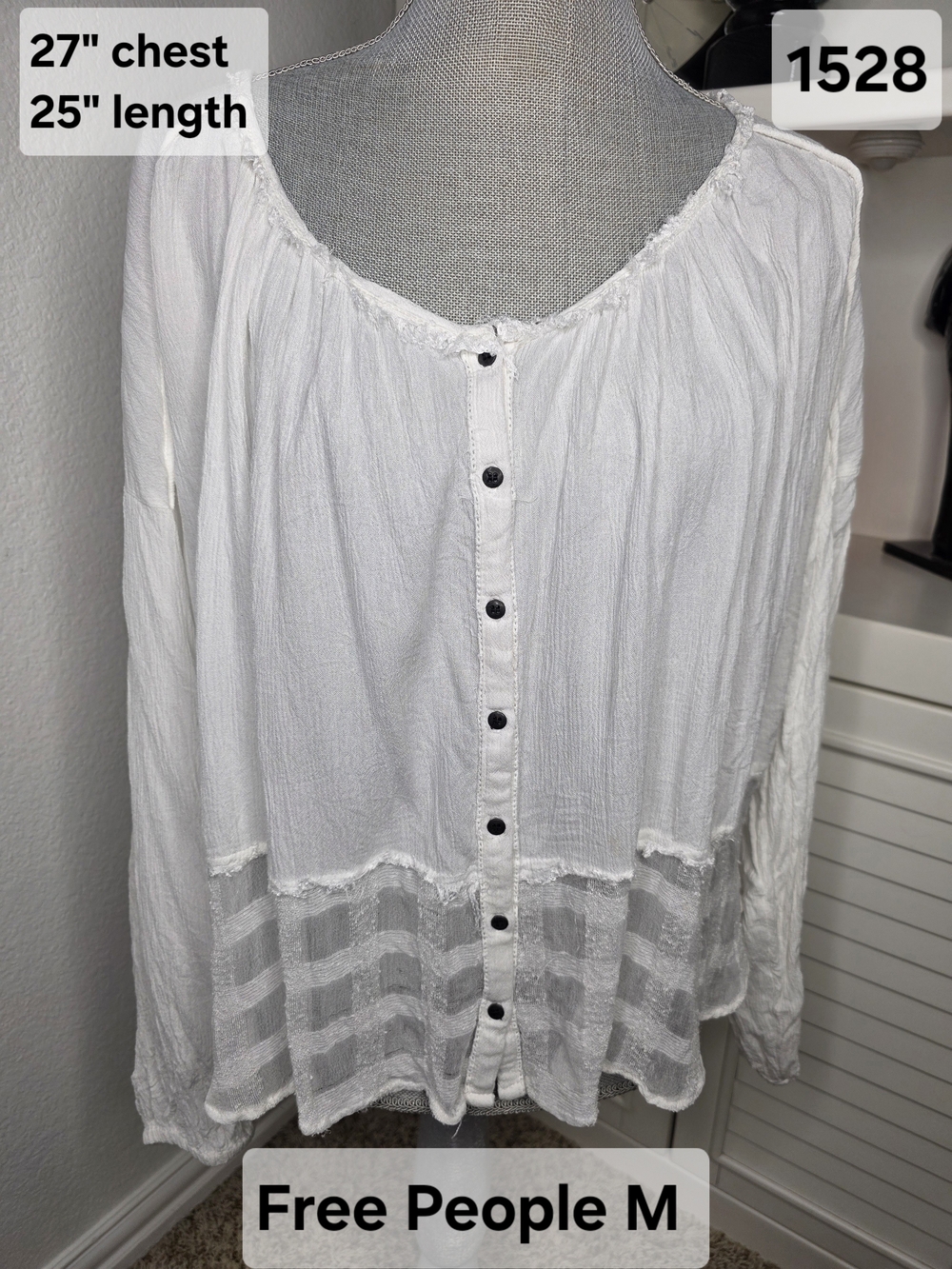 Free People White Button-Front Gauze Peasant Top Sz Medium